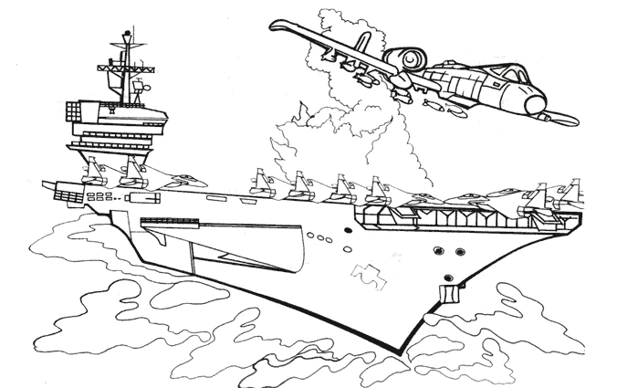 Aircraft carrier with jet taking off coloring page
