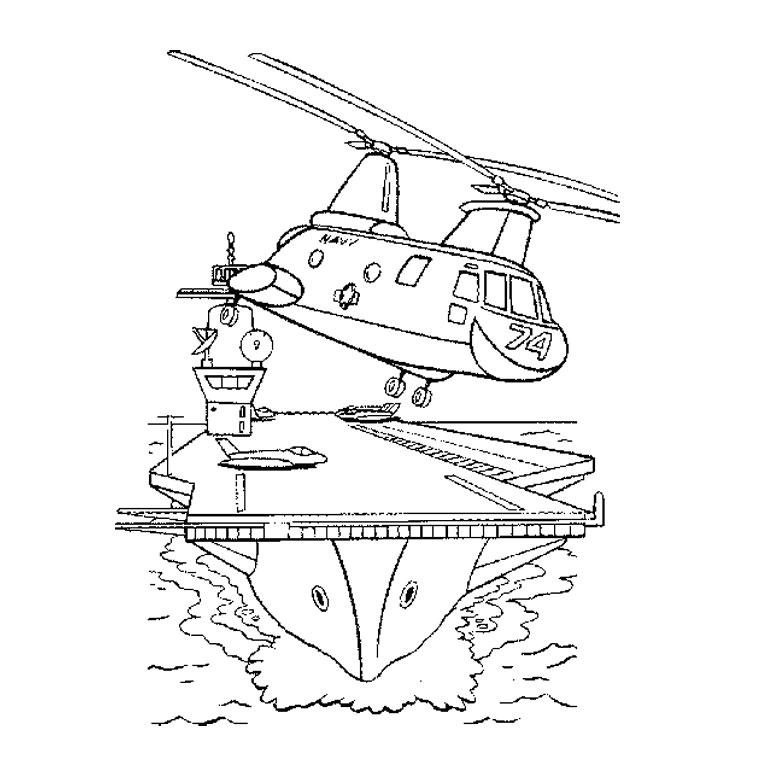 Navy helicopter flying over an aircraft carrier coloring page