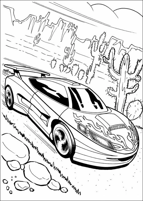 Hot Wheels sports car racing through desert coloring page