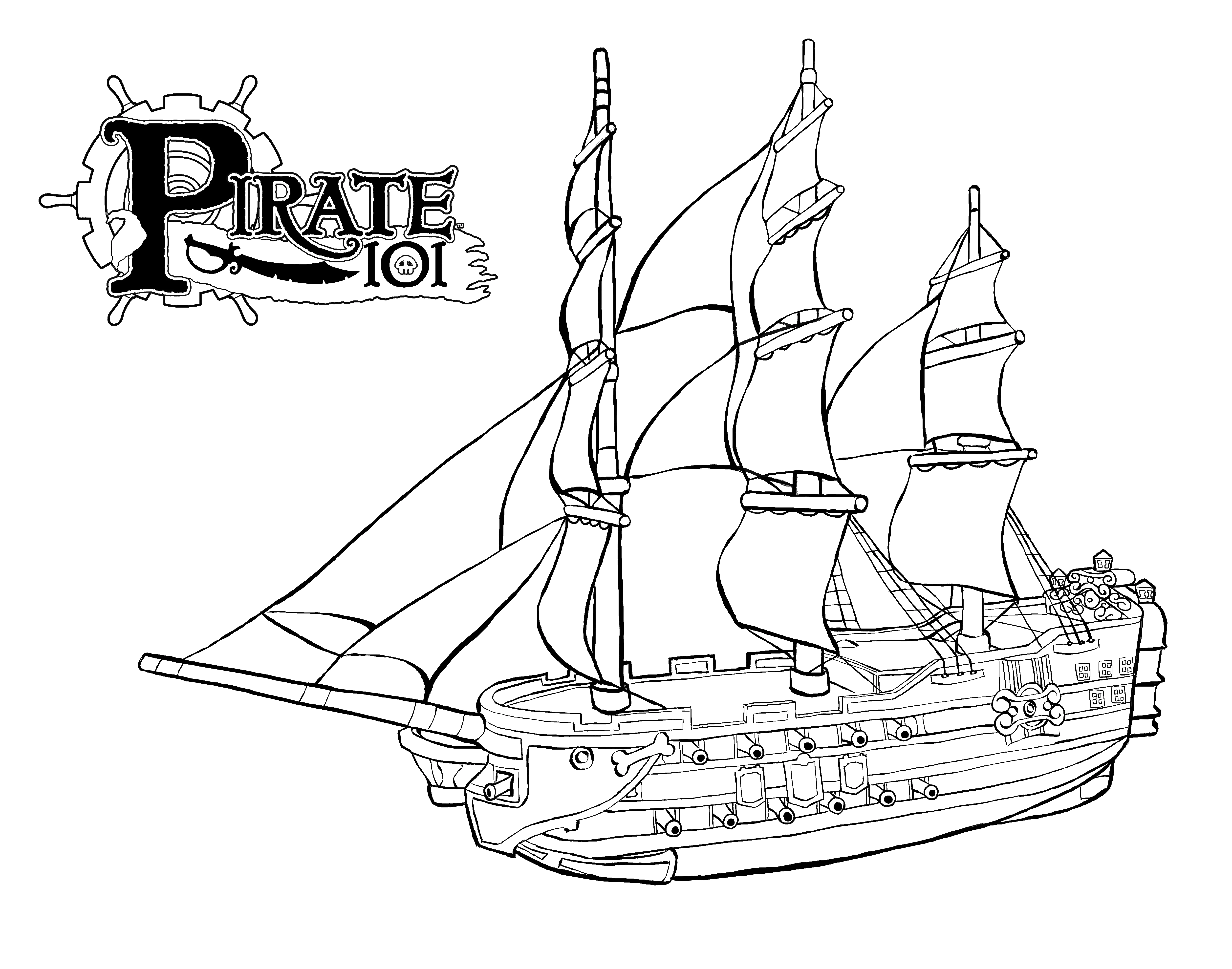 Pirate ship galleon with three masts coloring page