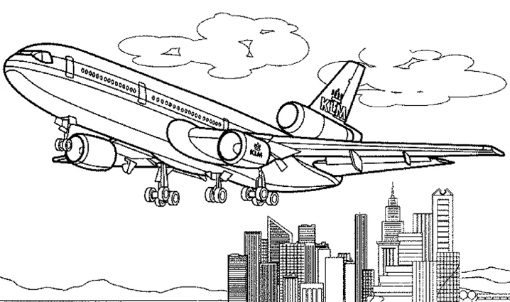 Long-haul airplane flying over a city coloring page