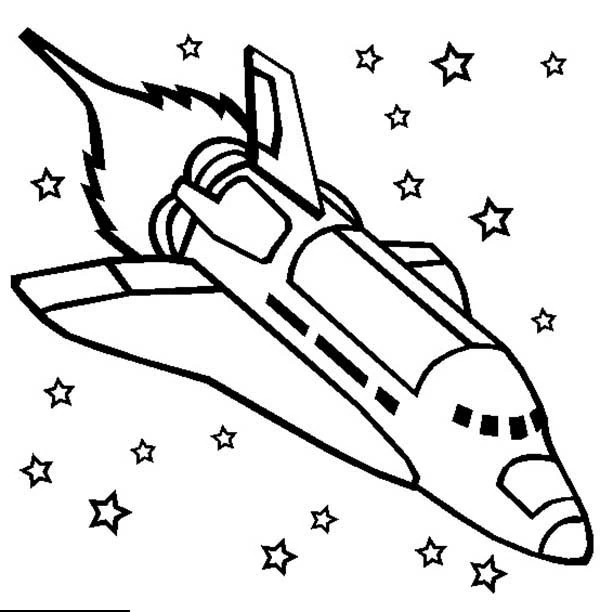 Space shuttle flying among stars coloring page