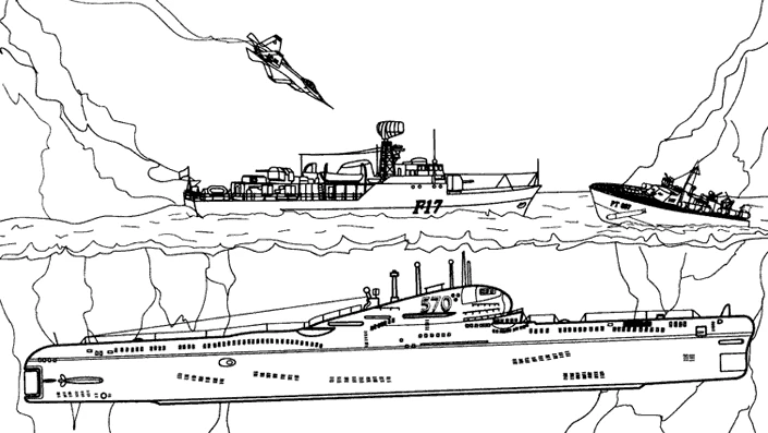 Warship, submarine and jet over the sea coloring page