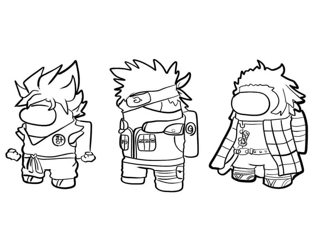 Among Us characters dressed as anime heroes coloring page
