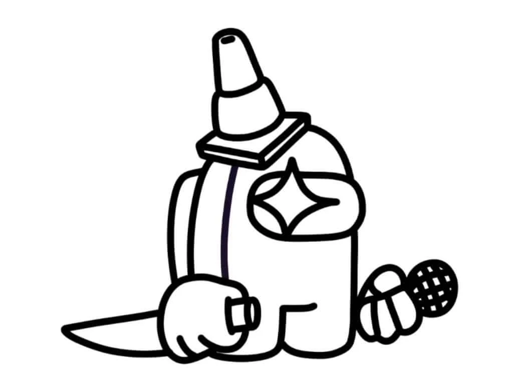 Among Us traitor holding a knife and microphone coloring page