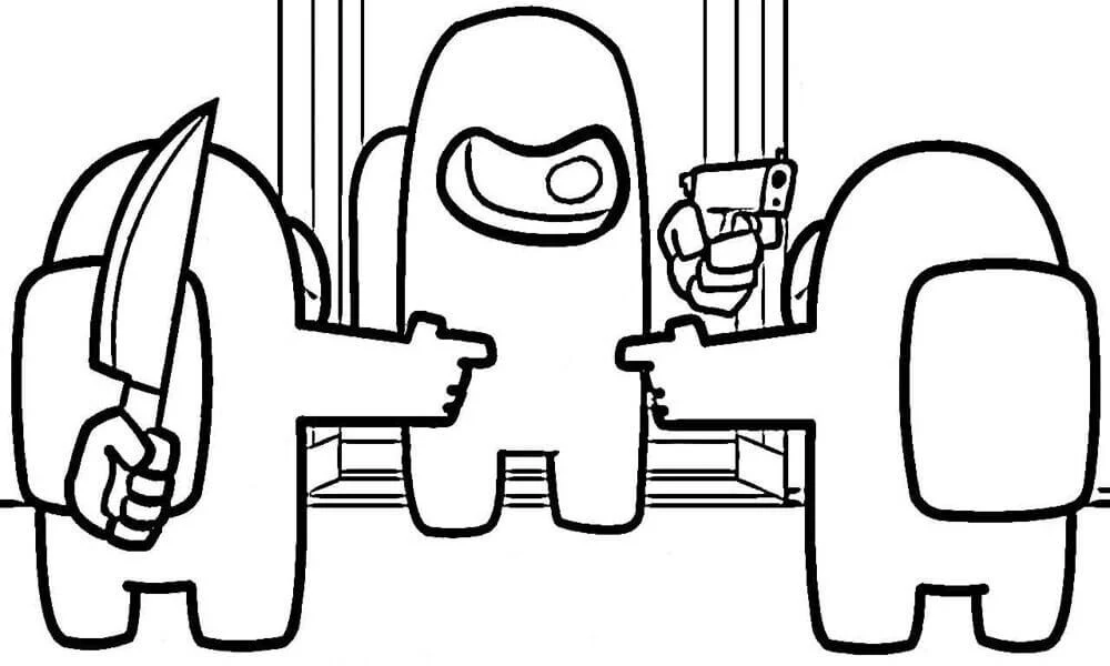 Among Us characters with knife and gun coloring page