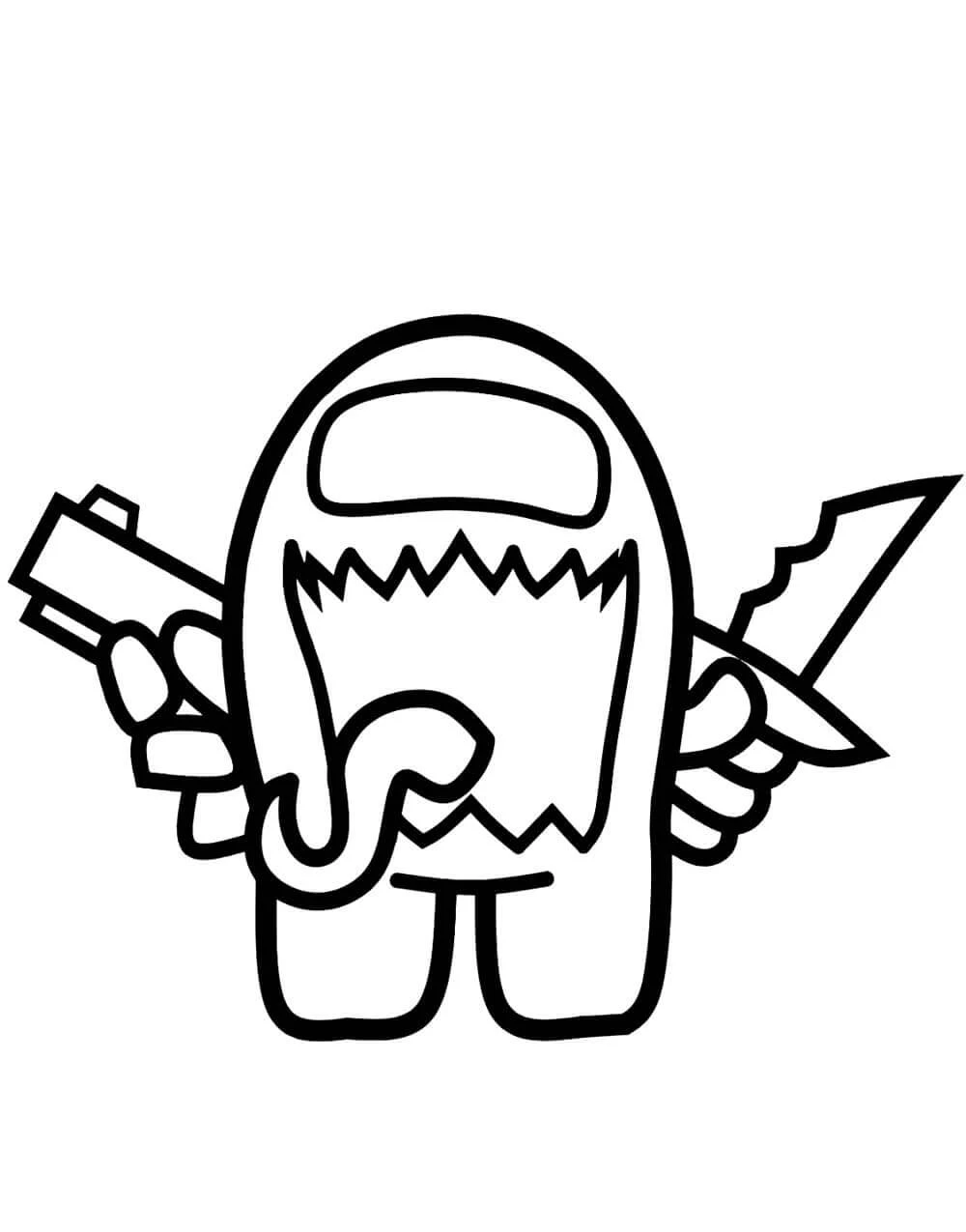 Among Us impostor holding a gun and a knife coloring page