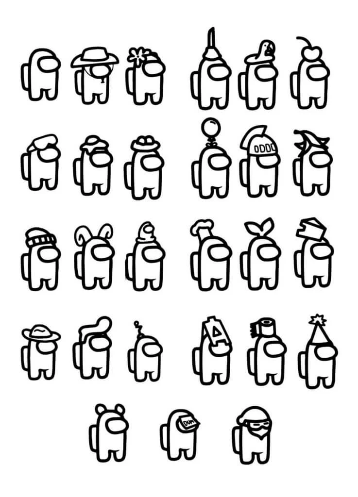 Among Us crewmates with different hats coloring page