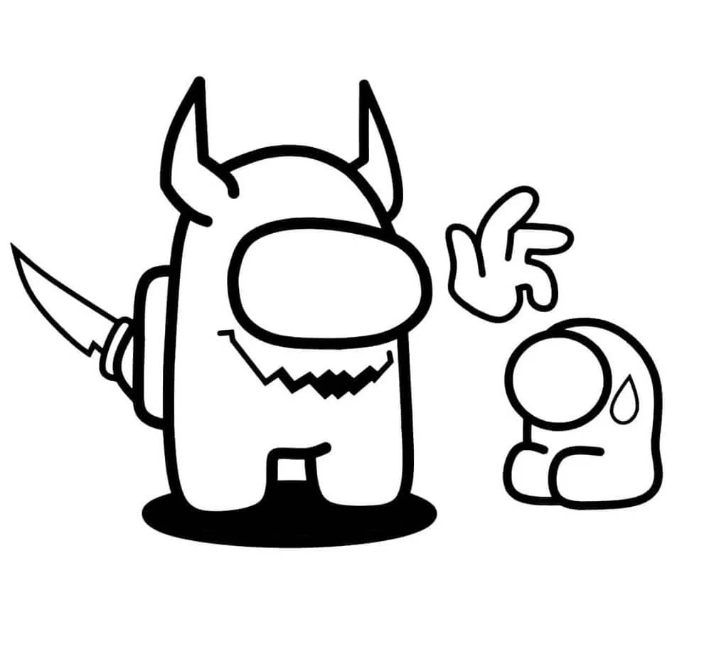 Among Us impostor with horns and knife scaring crewmate coloring page