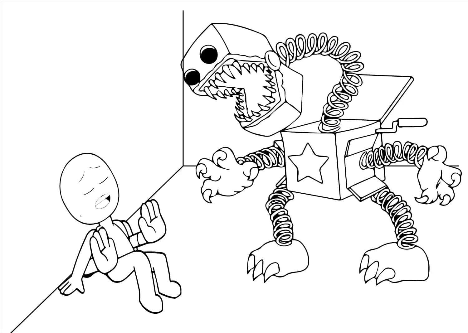 Boxy Boo scaring a fallen character coloring page