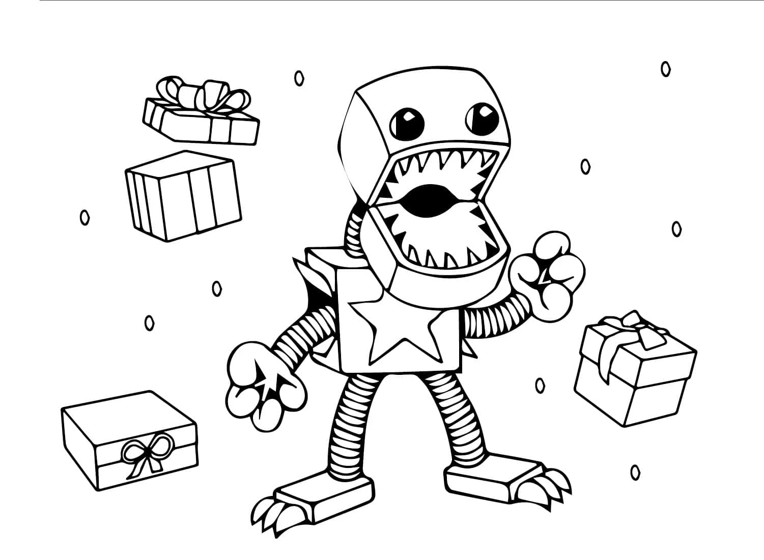 Boxy Boo surrounded by gift boxes coloring page