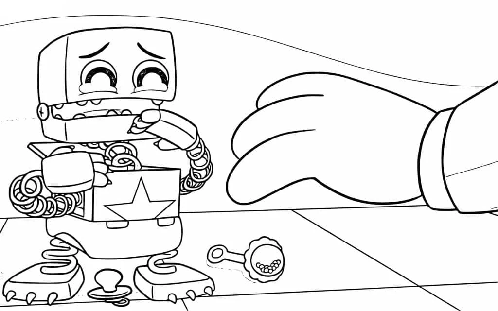 Boxy Boo crying with a giant hand reaching out coloring page