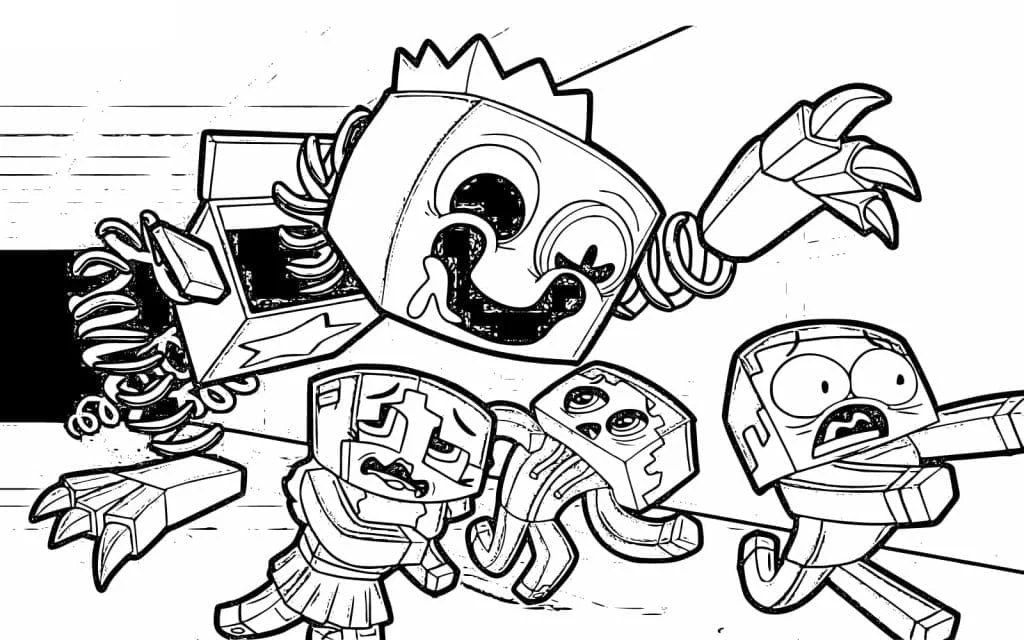 Boxy Boo chasing three small box characters coloring page