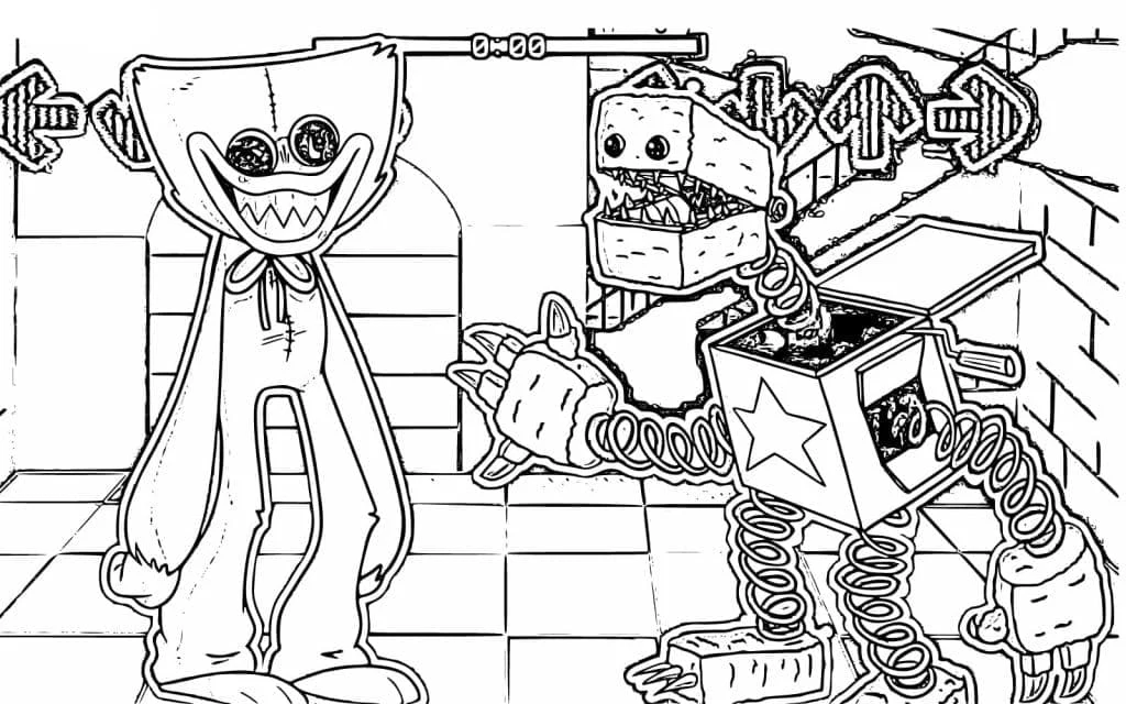 Huggy Wuggy and Boxy Boo in a corridor coloring page Huggy Wuggy and Boxy Boo in a corridor coloring page