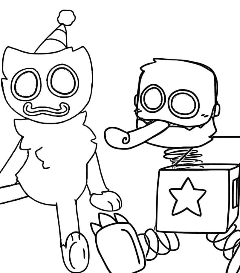 Boxy Boo and Huggy Wuggy sitting together coloring page