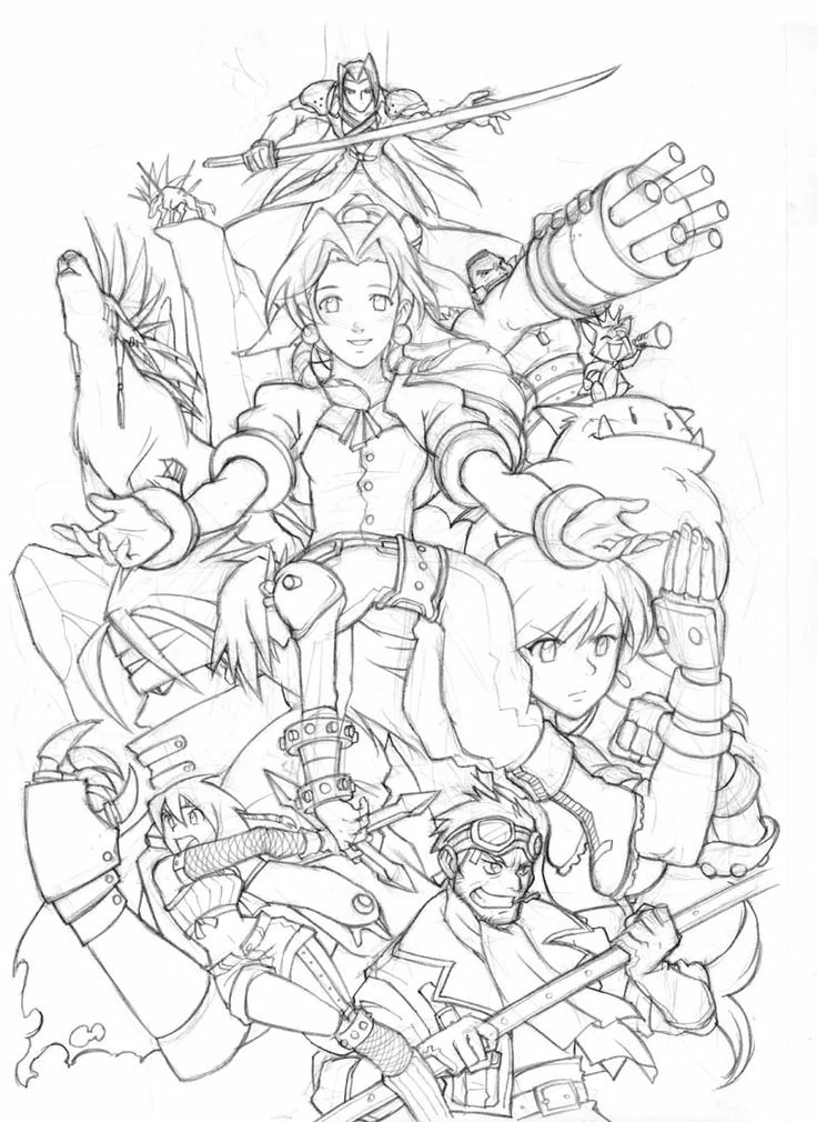 Final Fantasy 7 group of heroes coloring page