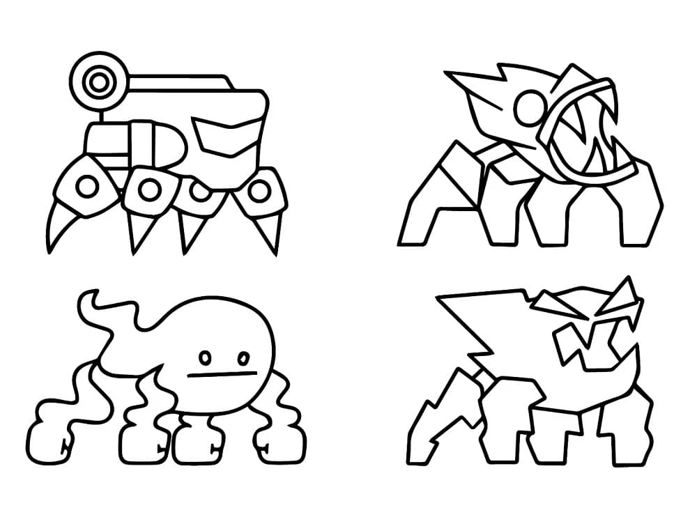 Four Geometry Dash creatures on spider legs coloring page