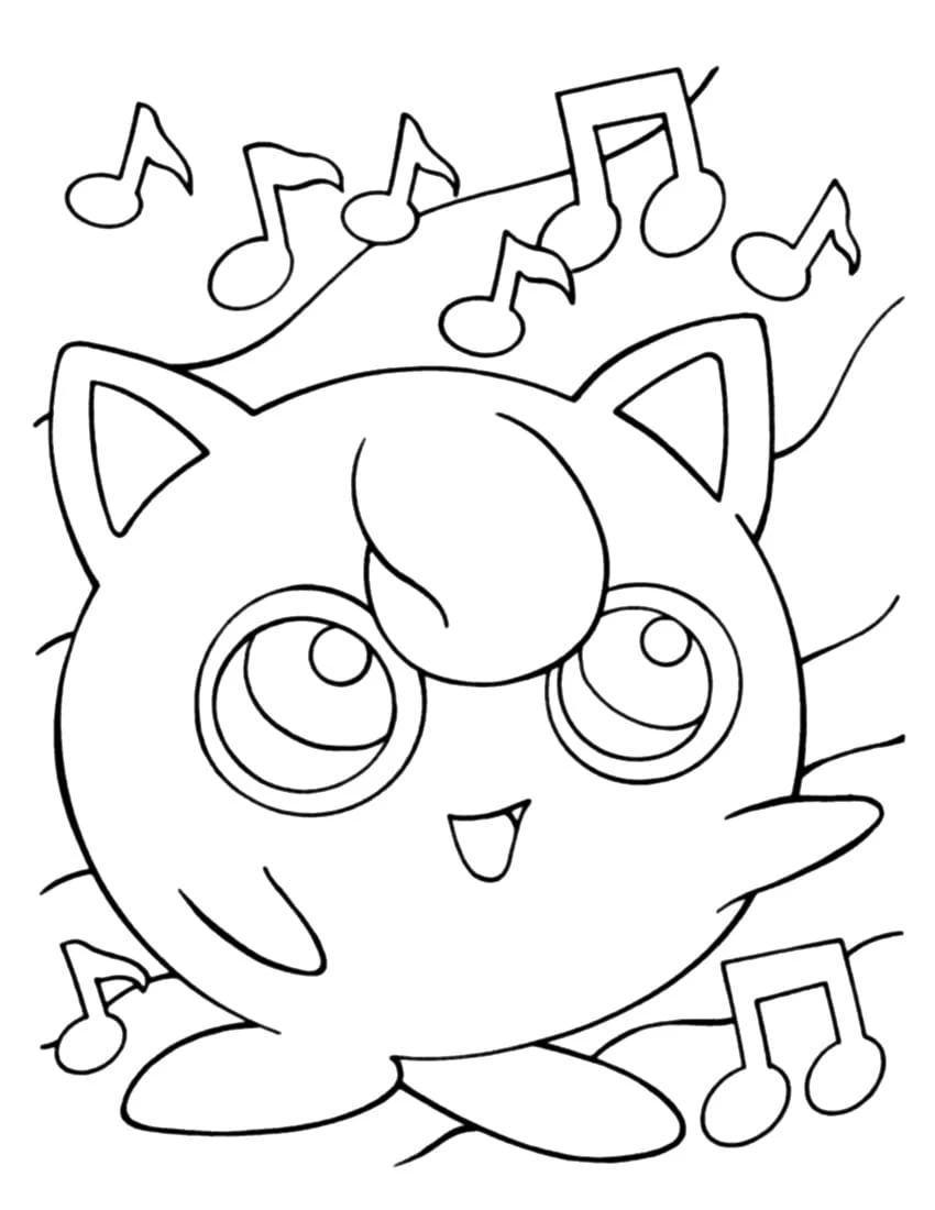 Jigglypuff singing surrounded by music notes coloring page
