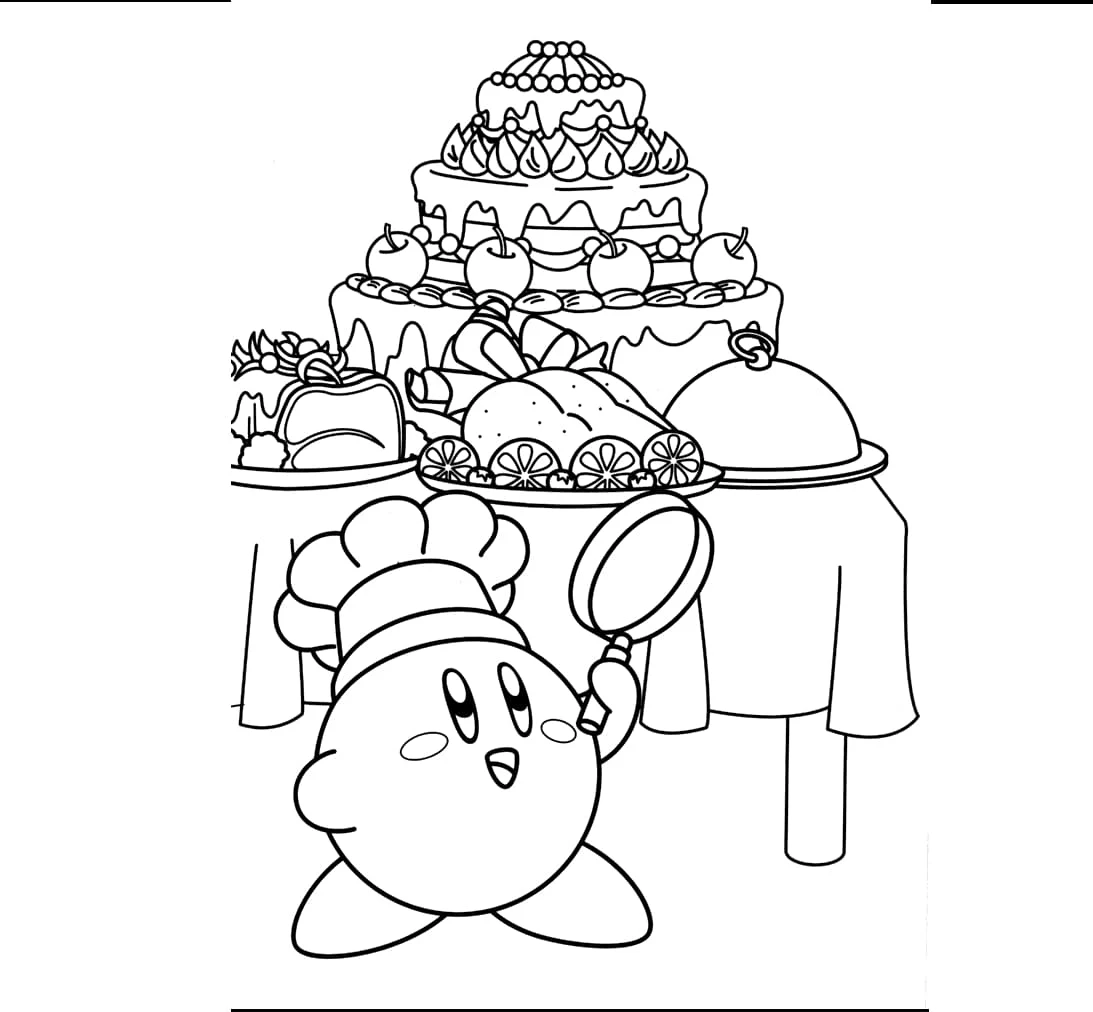 Kirby cooking with a big banquet table coloring page