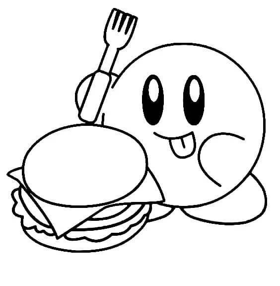 Kirby holding a fork with a big hamburger coloring page