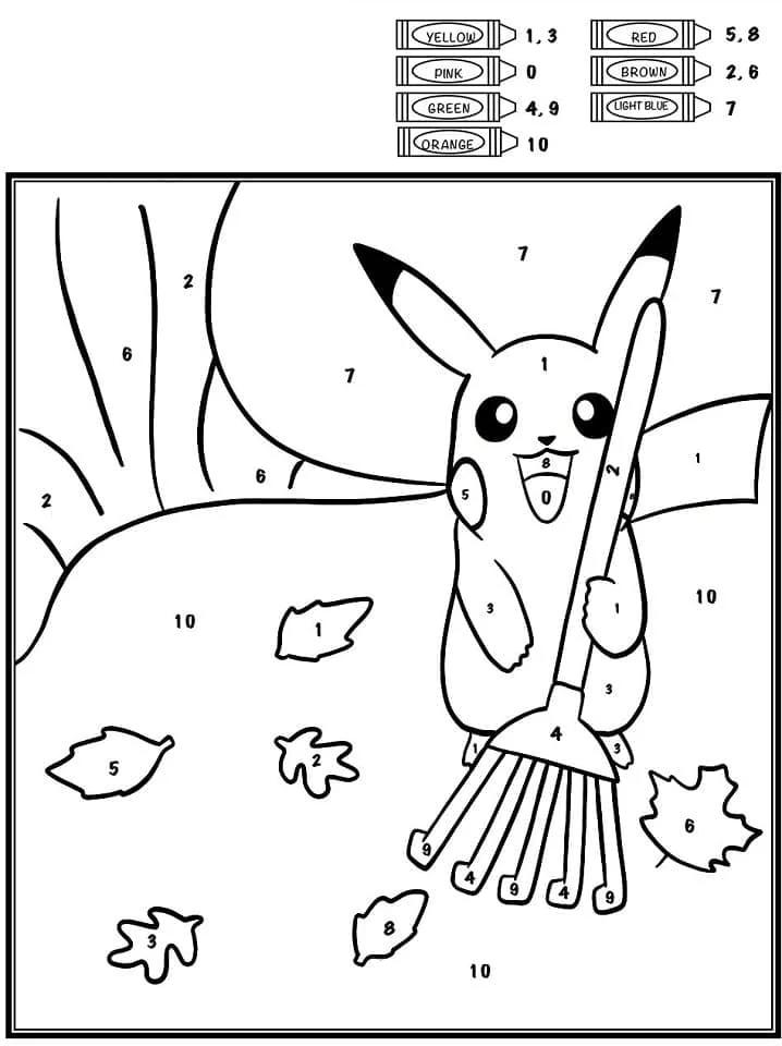 Pikachu raking autumn leaves coloring page