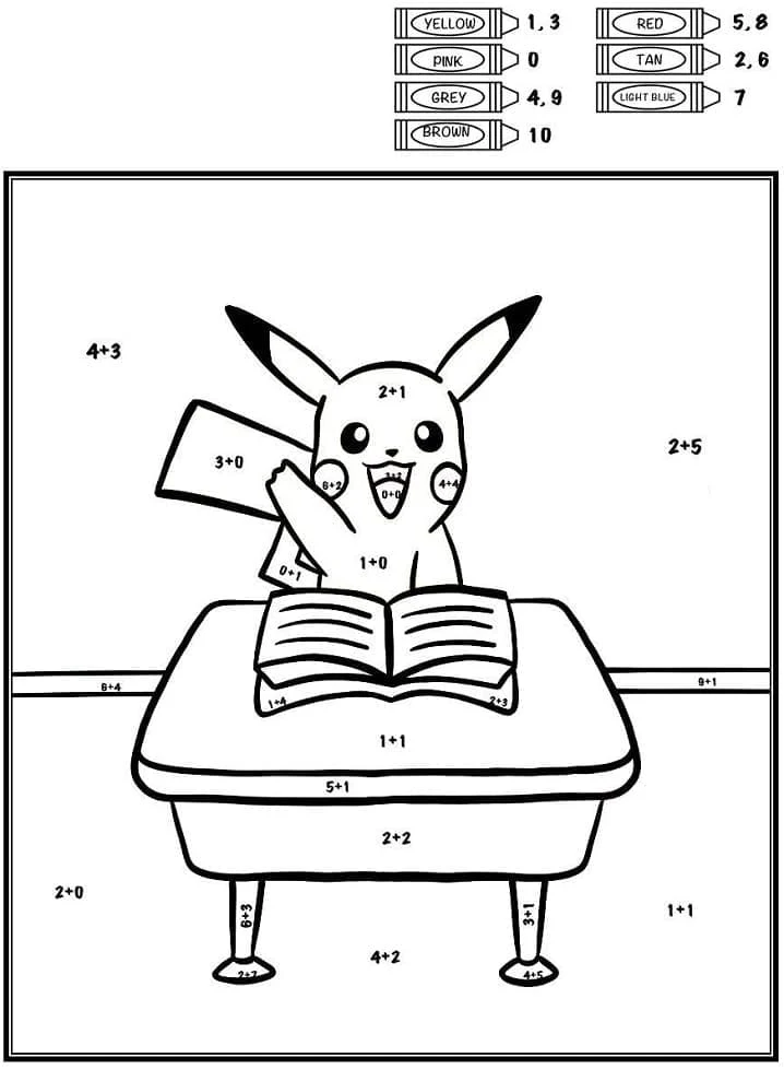 Pikachu solving math at school desk coloring page