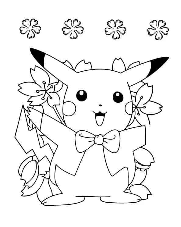 Pikachu with flowers and a bow coloring page