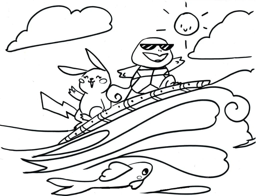 Pikachu surfing with Squirtle on a wave coloring page Pikachu surfing with Squirtle on a wave coloring page