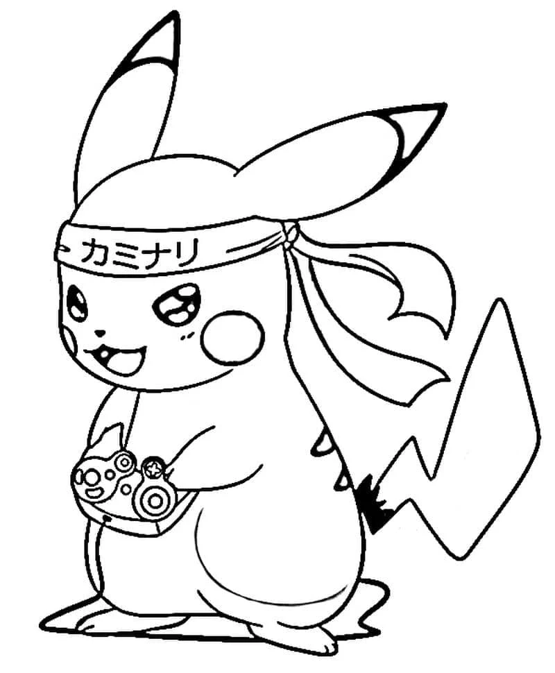Pikachu playing a video game coloring page