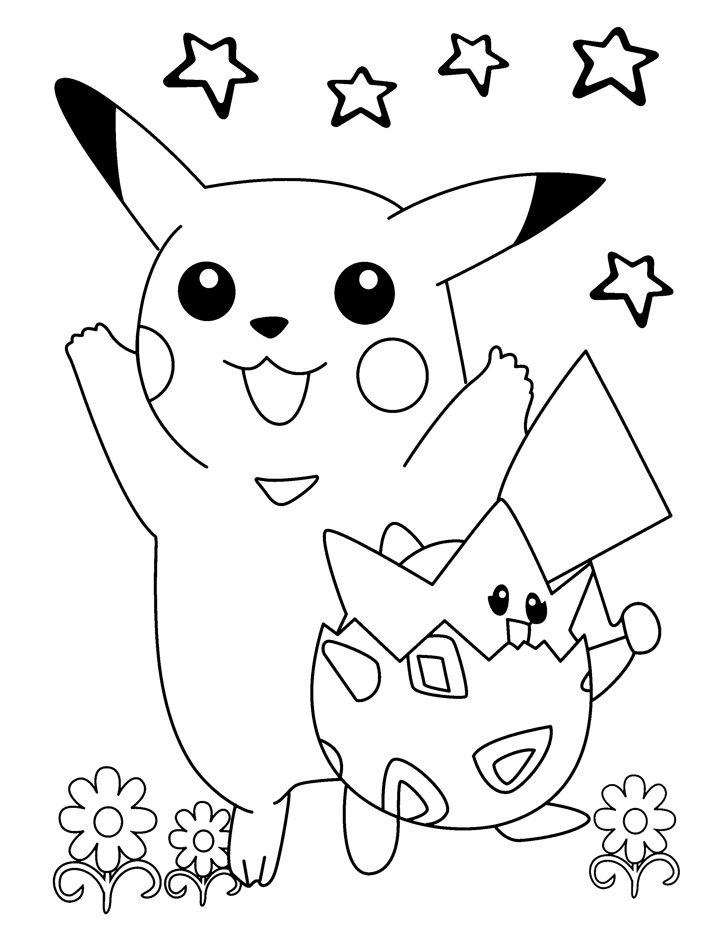 Pikachu and Togepi playing under the stars coloring page Pikachu and Togepi playing under the stars coloring page