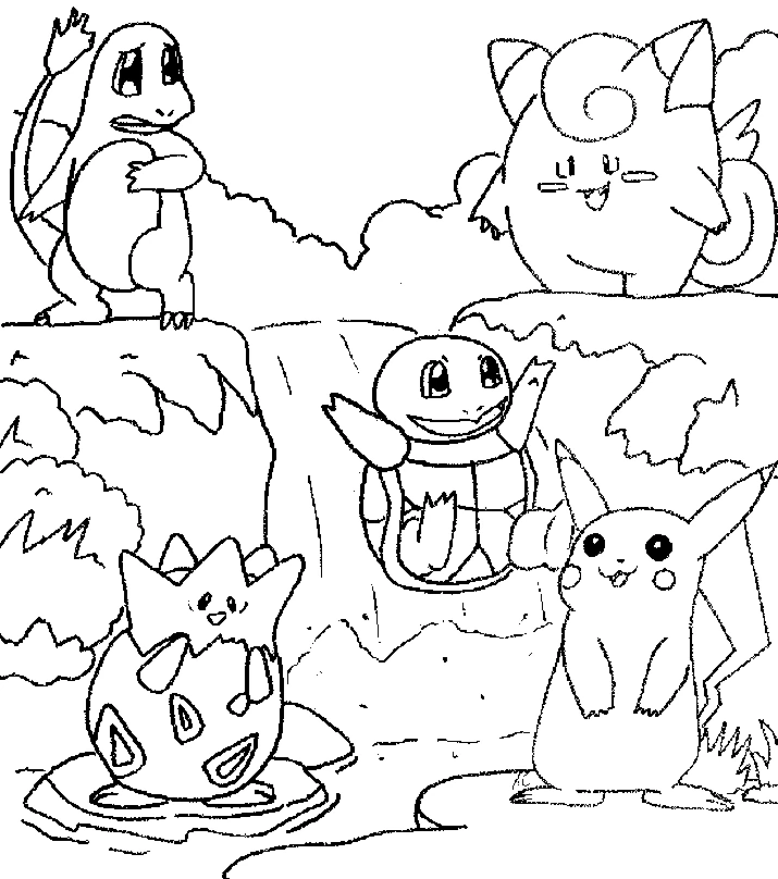 Pikachu and friends by the waterfall coloring page