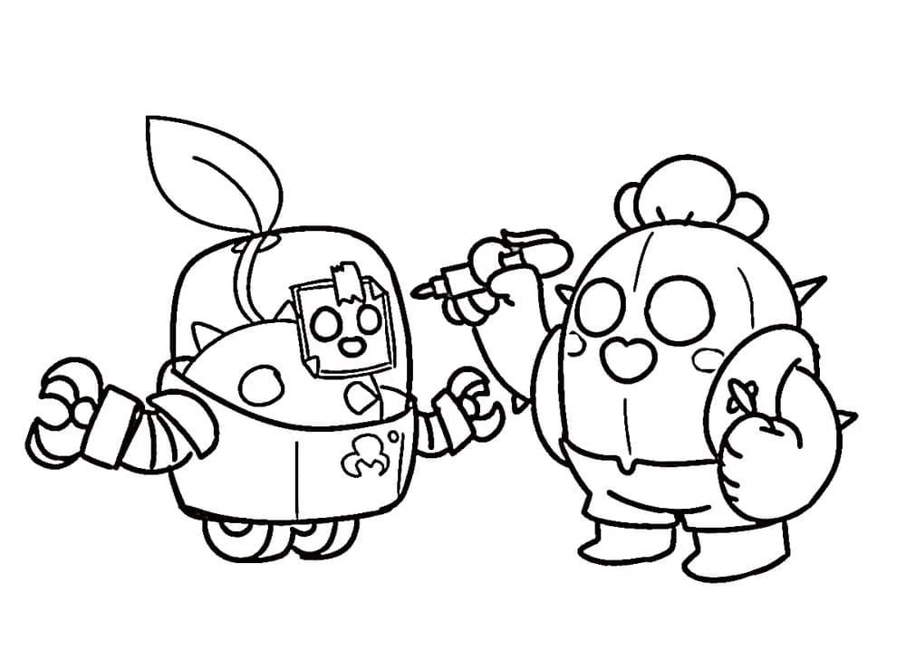 Spike Brawl Stars with a robot fruit character coloring page