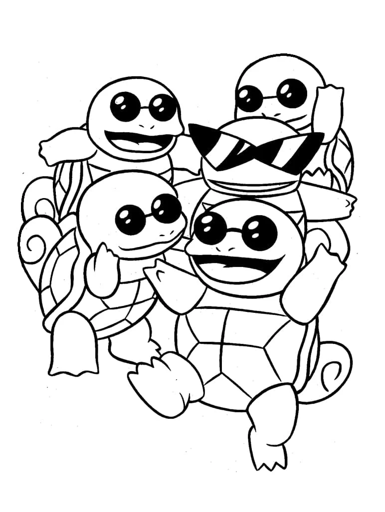 Squirtle group of four friends smiling together coloring page