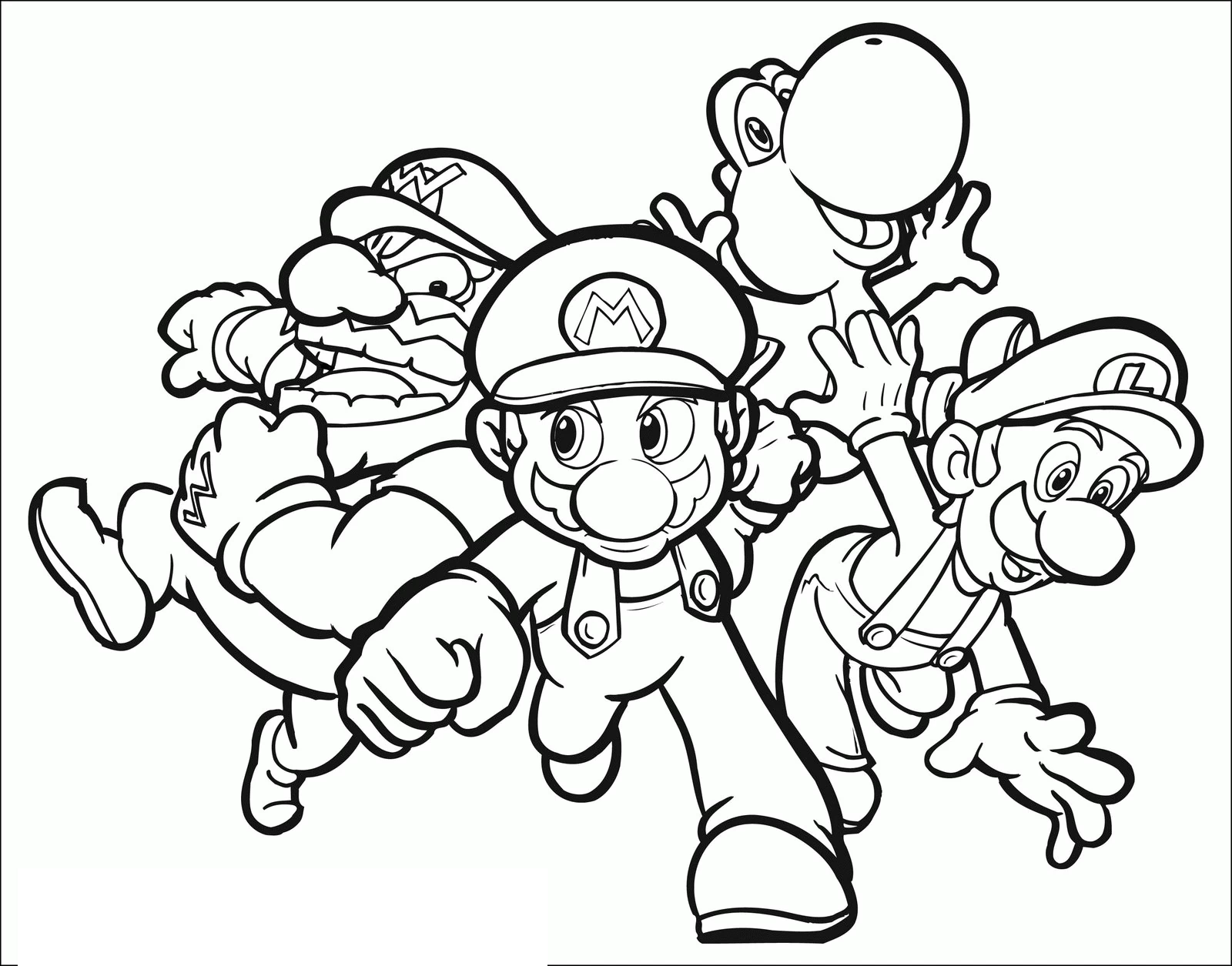 Mario, Wario, Luigi and Yoshi running together coloring page