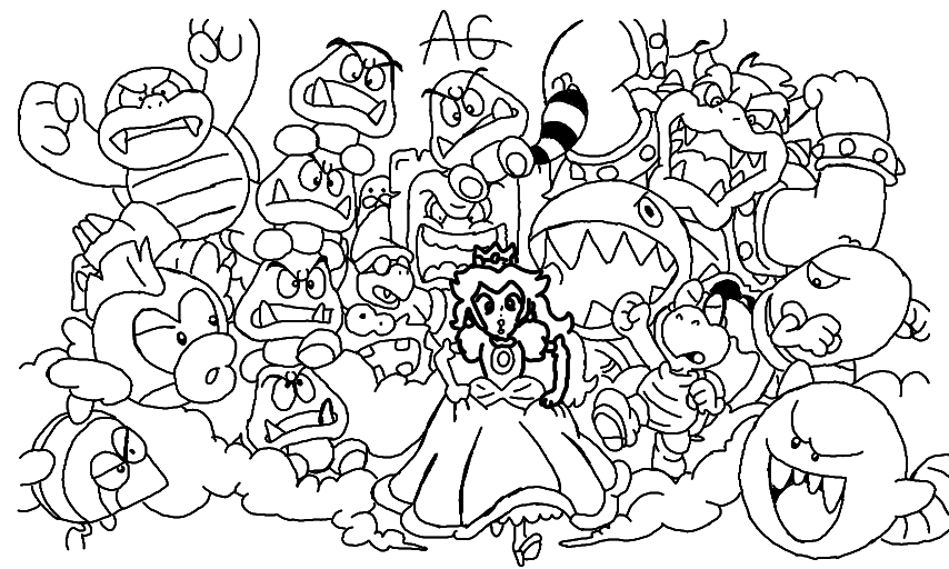 Princess Peach surrounded by Mario villains coloring page