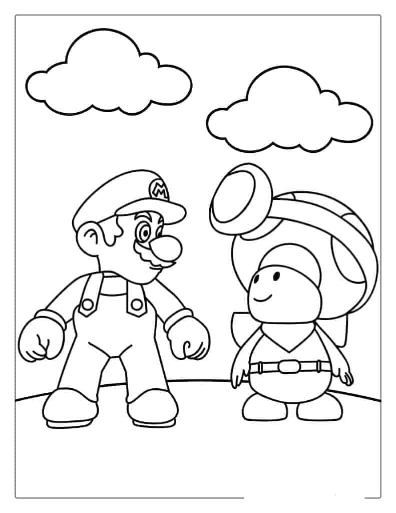 Toad standing next to Mario under clouds coloring page Toad standing next to Mario under clouds coloring page