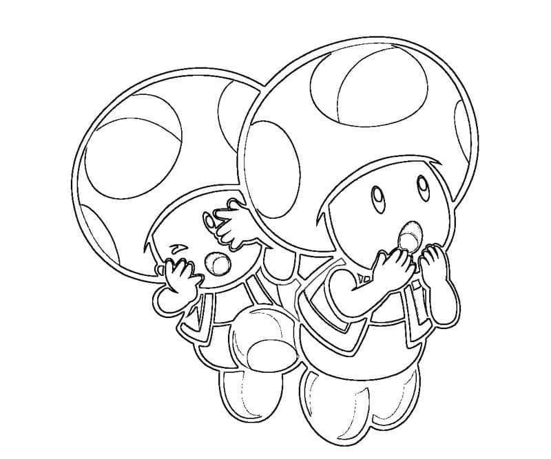 Toad and a little Toad friend jumping together coloring page