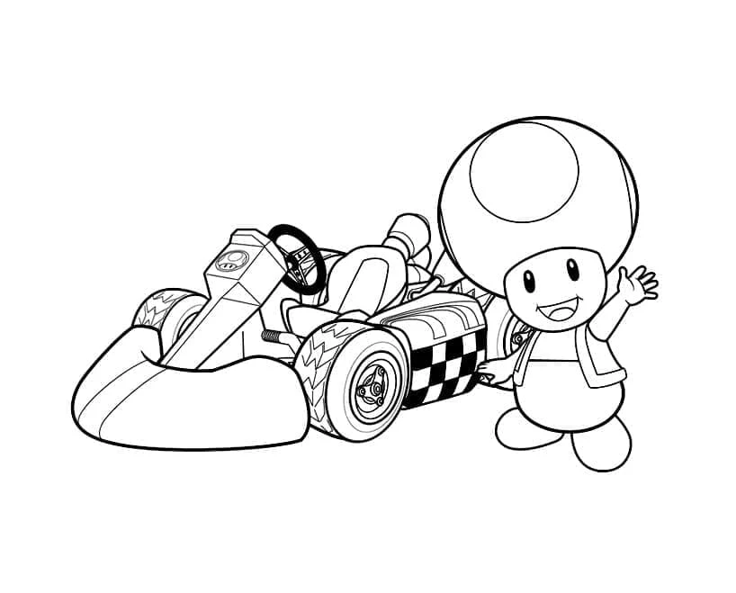 Toad waving next to his Mario Kart go-kart coloring page