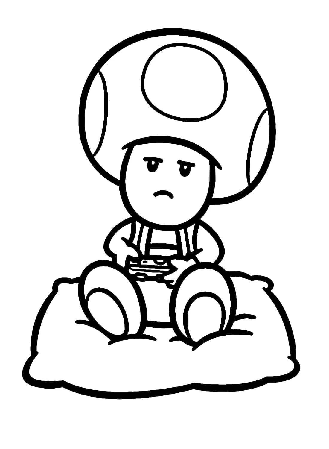 Toad sitting on a mushroom with a grumpy expression coloring page
