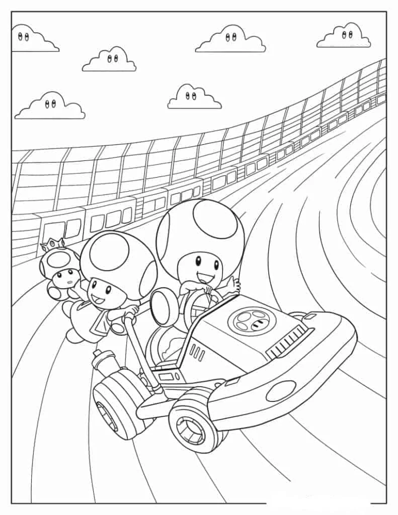 Toad racing on a kart track coloring page