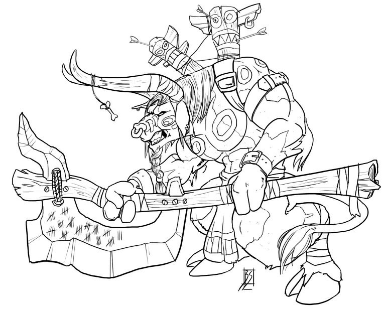 Tauren warrior wielding a massive totem weapon coloring page