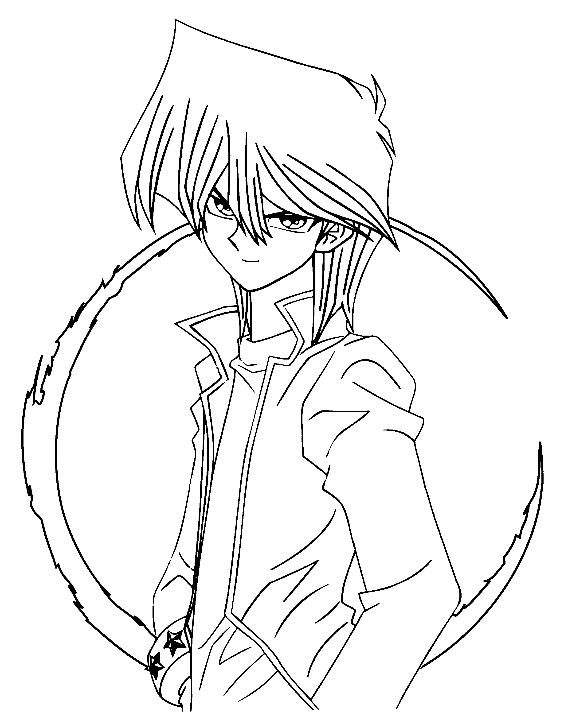 Yu-Gi-Oh! character with spiky hair and crescent emblem coloring page