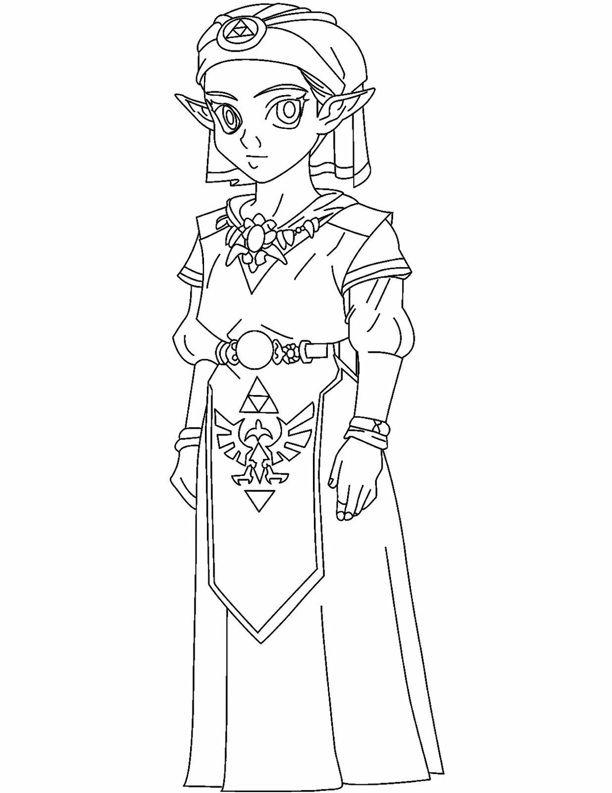 Princess Zelda standing in royal dress coloring page