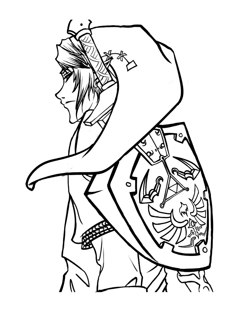 Link in profile with hood and Hylian shield coloring page