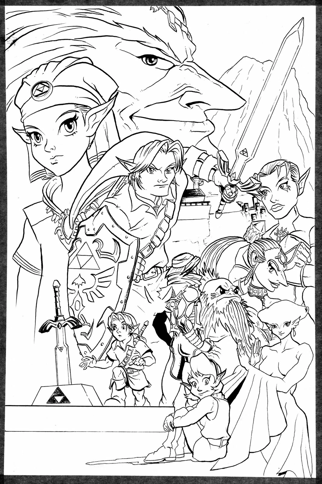 Zelda characters gathered in an epic composition coloring page