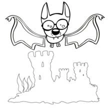 Bat with glasses flying over a castle coloring page