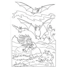 Bats chasing a man among rocks and snakes coloring page