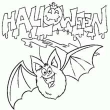 Bat hanging under a dripping Halloween banner coloring page