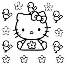 Hello Kitty surrounded by little birds and flowers coloring page