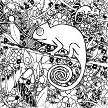 Chameleon on a branch among leaves coloring page